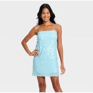 A New Day Sequin Slip Dress XS Light Blue Spaghetti Strap Party Cocktail Mini